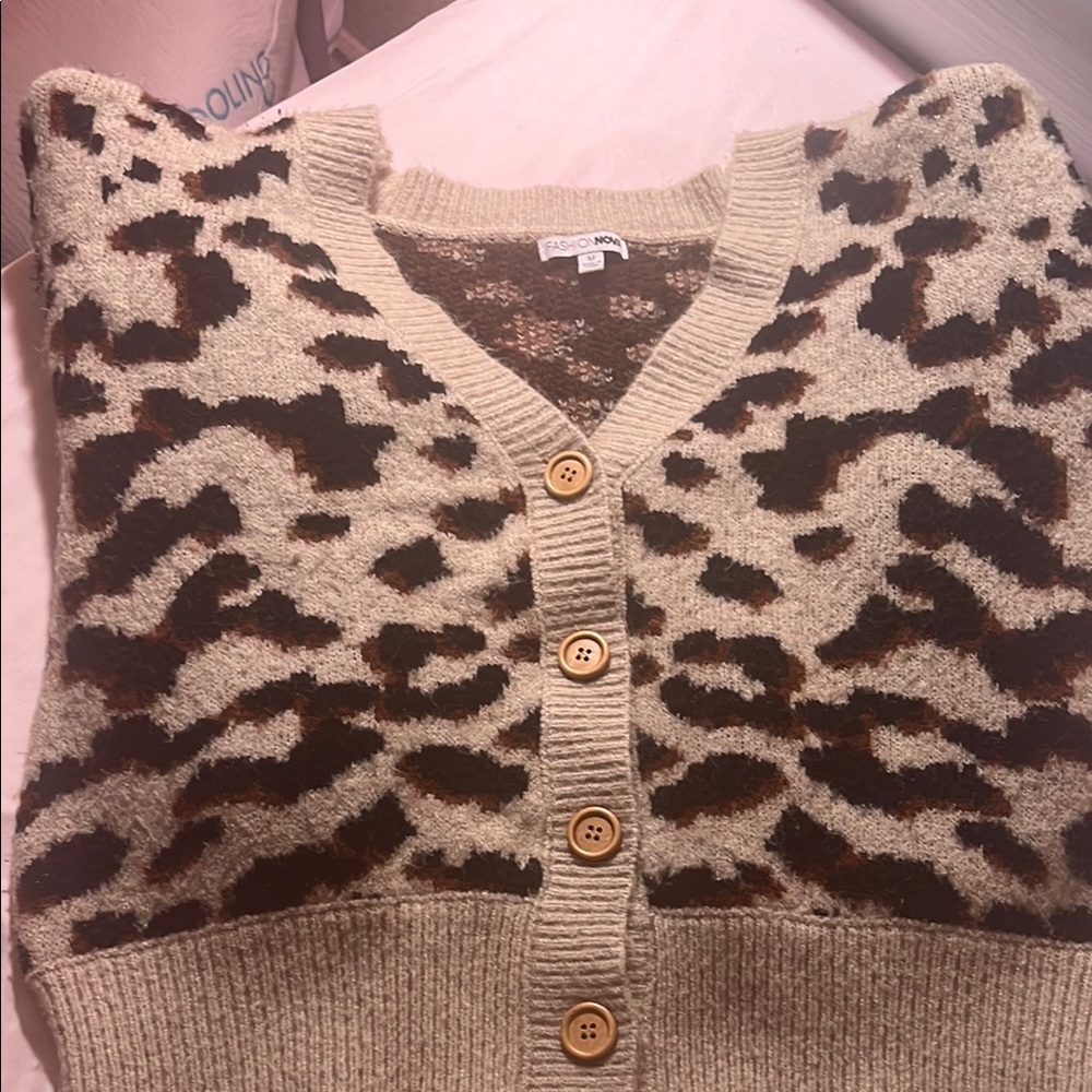 Fashion Nova Cream and Brown Leopard Print Cardigan